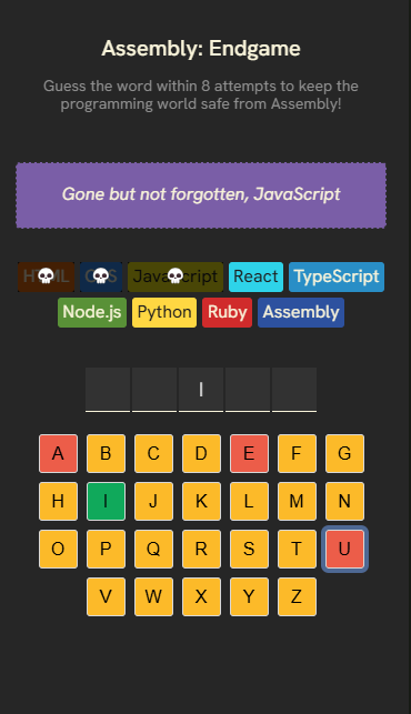Screenshot of a hangman game mockup, prevent the extinction of the programming languages by guessing the correct letters.
