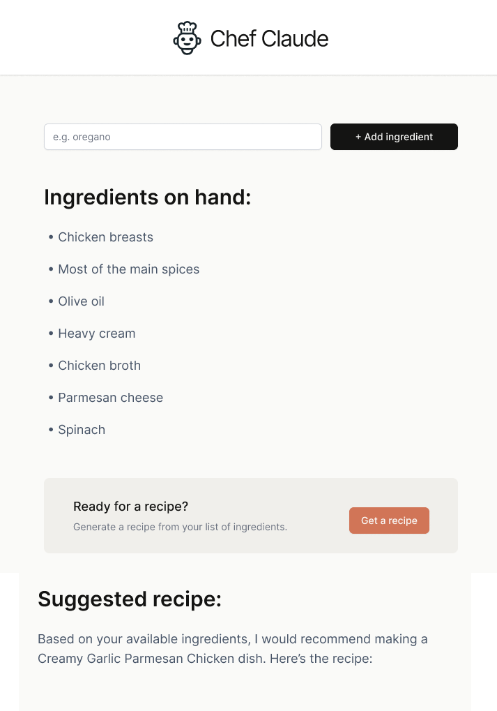 Screenshot of recipe generator, powered by Claude AI.