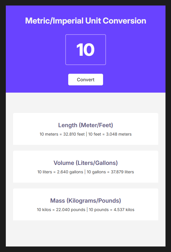 Screenshot of an unit converter, converting units from meter/feet, liters/gallons, kilograms/pounds.