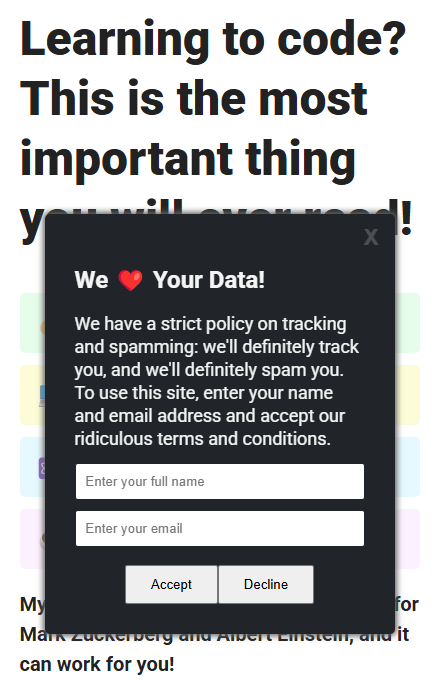 Screenshot of an annoying pop up message, that can't be closed easily.