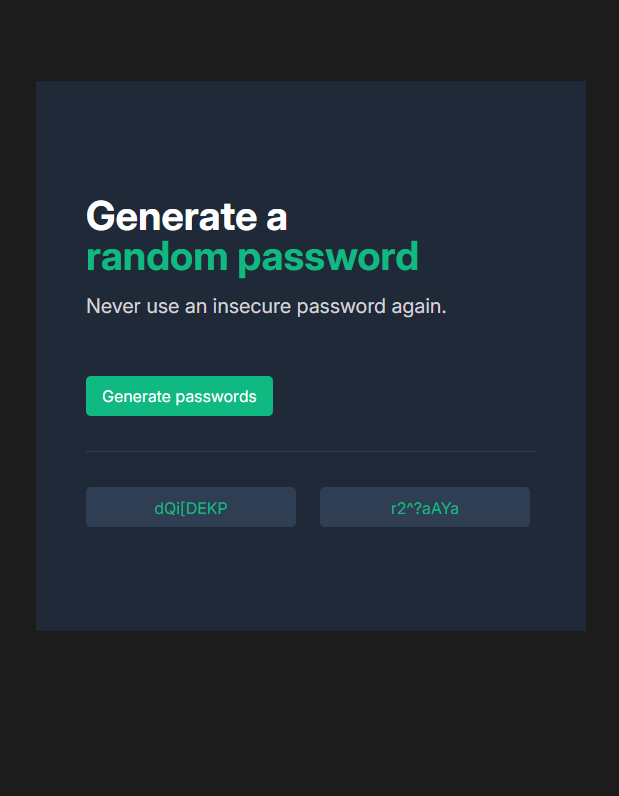 Screenshot of random password generator with dark theme.