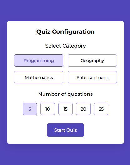 Screenshot of a quiz app, selectable categories and amount of questions.