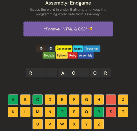 Screenshot of a hangman game mockup, prevent the extinction of the programming languages by guessing the correct letters.
