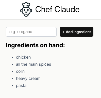 Screenshot of recipe generator, powered by Claude AI.