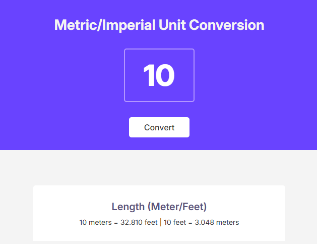 Screenshot of an unit converter, converting units from meter/feet, liters/gallons, kilograms/pounds.