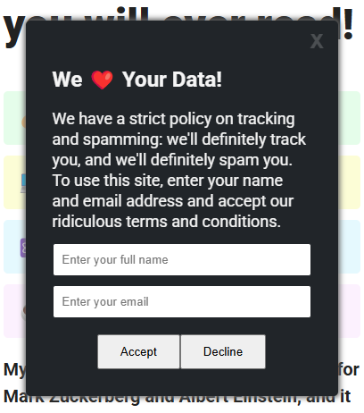 Screenshot of an annoying pop up message, that can't be closed easily.