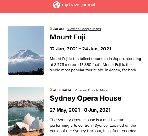 Screenshot of journal, summarizing my visited places.