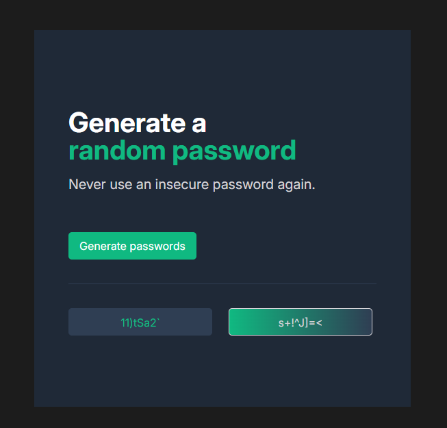 Screenshot of random password generator with dark theme.