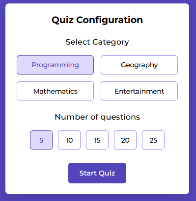 Screenshot of a quiz app, selectable categories and amount of questions.