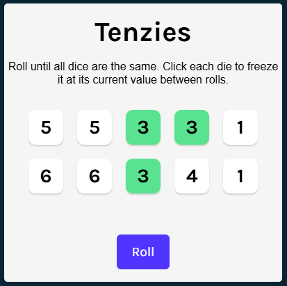 Screenshot of Tenzies game.